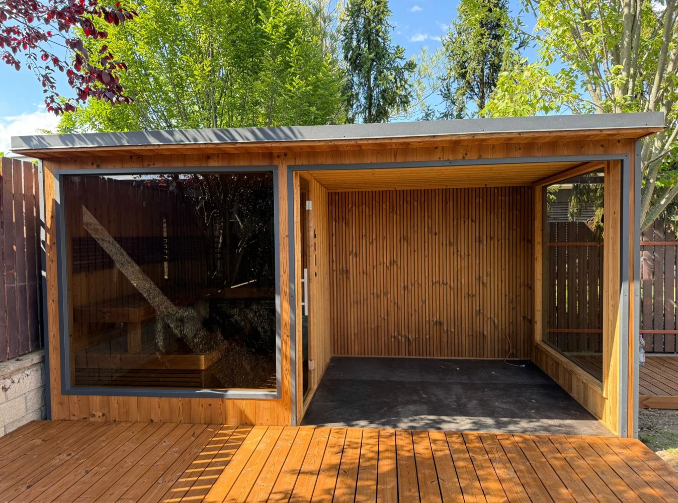 Outdoor sauna with a canopy