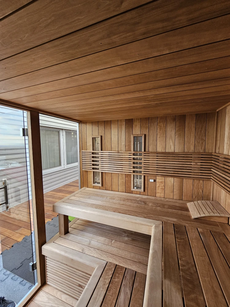 Outdoor sauna on a terrace with sheet metal cladding