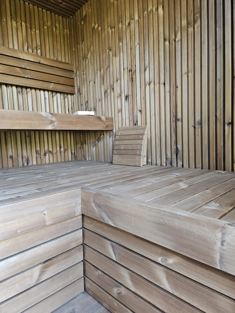 Outdoor sauna with a terrace